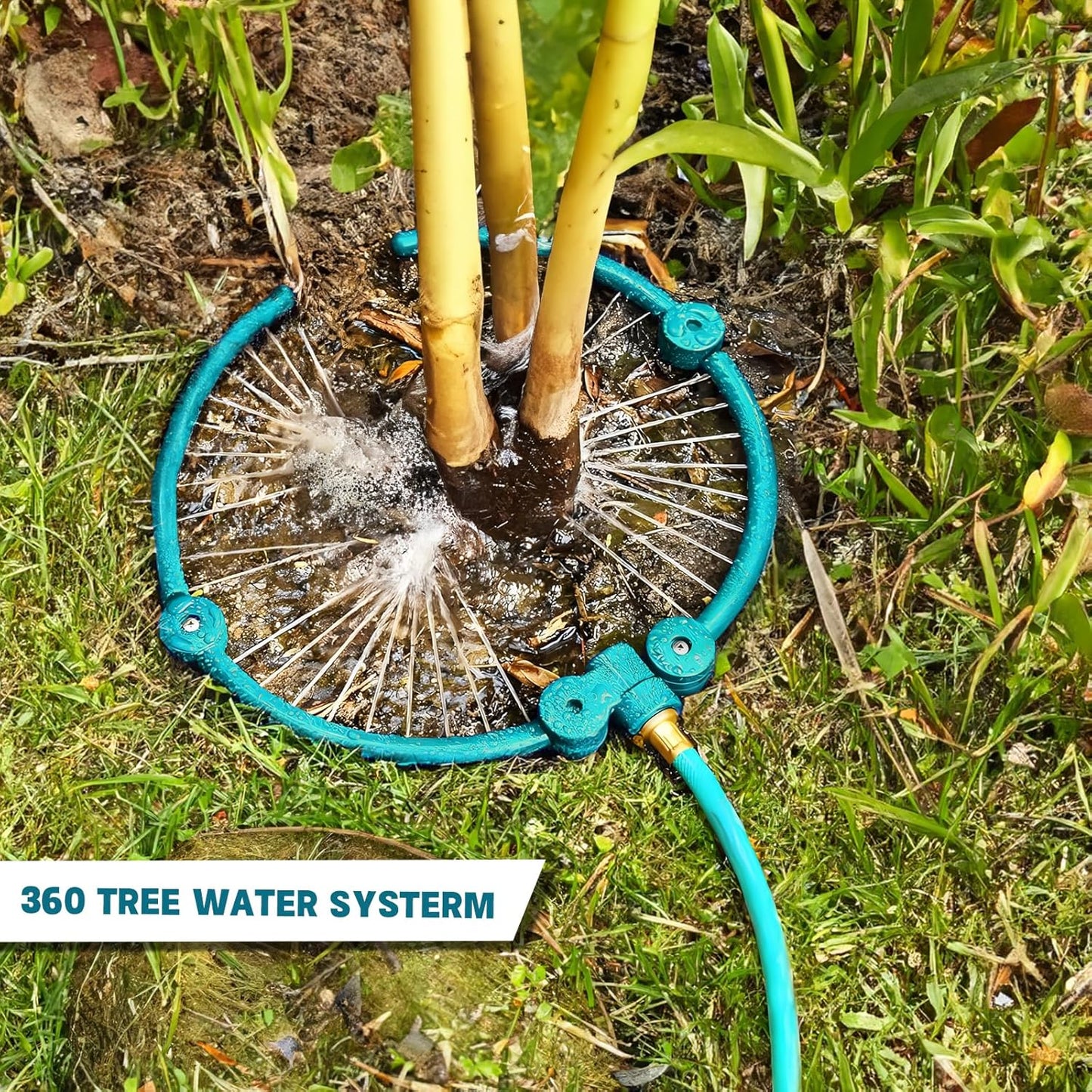 4 Pcs 360° Tree Water System Tree Root Watering Ring 13 Inch Circle Sprinkler Irrigation Slow Release Targeted Water with Y Hose Splitter for New Tree Outdoor Plants Raised Garden Beds (Green, Small)