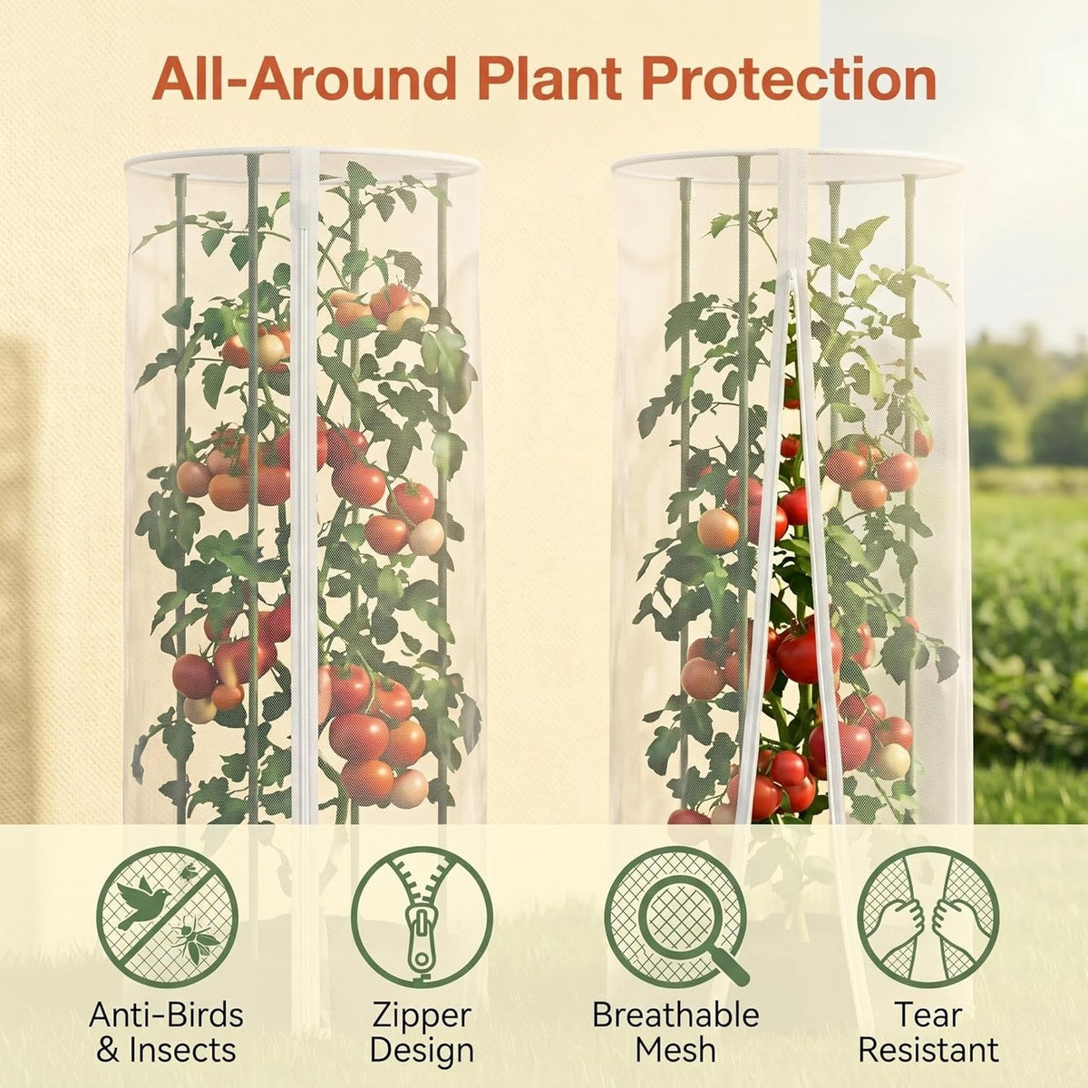 2 Pcs Garden Bird Netting Cover for Round Tomato Cage, 59" x 18" Tomato Trellis Insect Barrier Protection Mesh, Plant Cage Garden Net Cover with Zipper for Vertical Climbing Plants Vegetables Fruits
