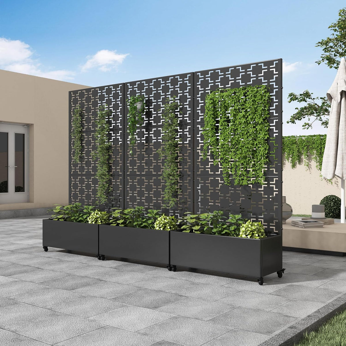 Casaphoria Metal Raised Garden Bed with Trellis and Wheels, 72"x47"x16" Planter Box for Climbing Plants, Vegetables & Vines, Features Drainage Holes and Privacy Screen (Black-Louver) - Colors B