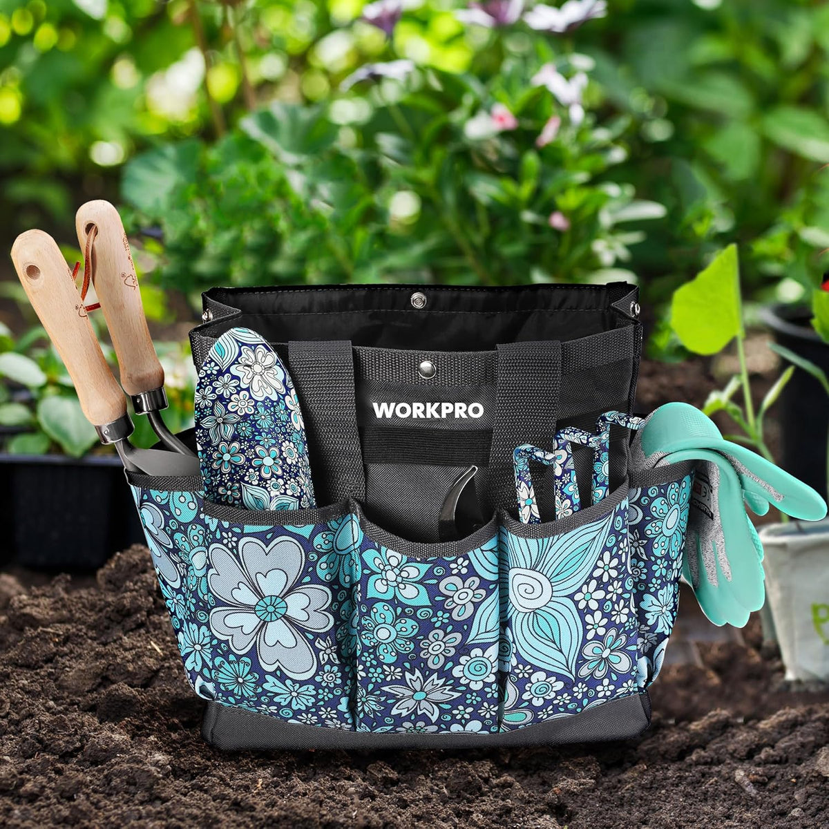 WORKPRO Garden Tool Bag, 9 Pockets Gardening Bag, Heavy Duty Oxford Garden Tote Caddy (Tools NOT Included), 12" x 12" x 6" (Floral White)
