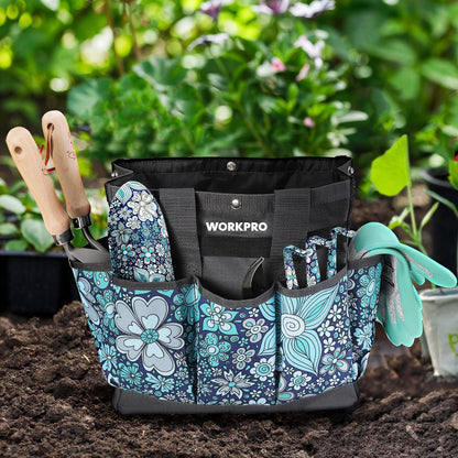 WORKPRO Garden Tool Bag, 9 Pockets Gardening Bag, Heavy Duty Oxford Garden Tote Caddy (Tools NOT Included), 12" x 12" x 6" (Floral White)