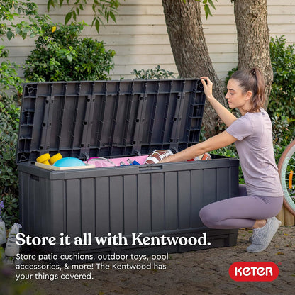 Keter Kentwood 92 Gallon Resin Deck Box-Organization and Storage for Patio Furniture Outdoor Cushions, Throw Pillows, Garden Tools and Pool Floats, Brown