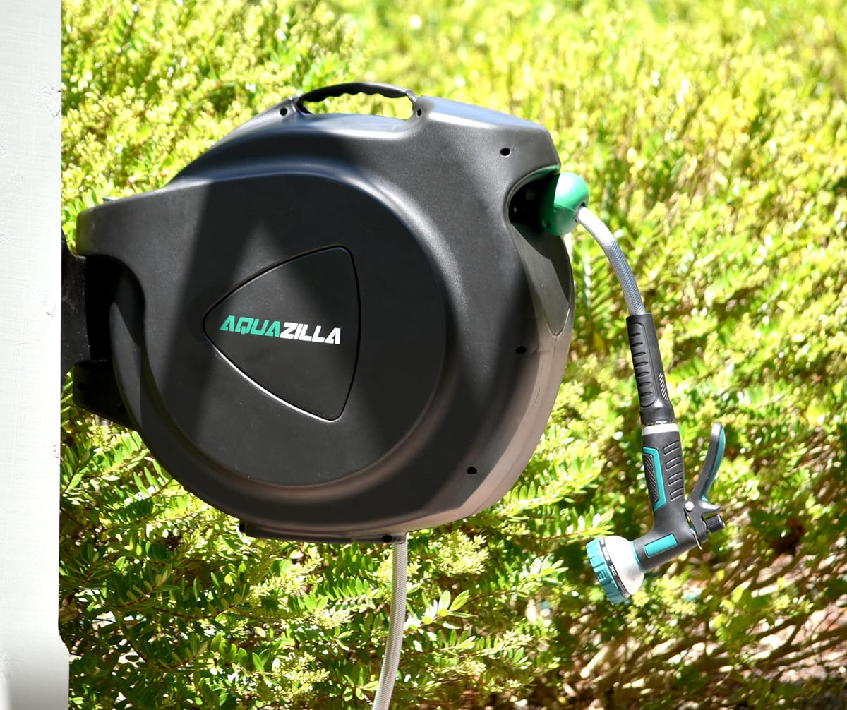 Retractable Garden Hose Reel, 120Ft x 1/2" Durable Wall Mounted Water Hose Reel with 180¡ãSwivel Bracket, 9 Pattern Sprayer, 6Ft leader hose, Smooth Automatic Rewind, Any Length Lock.