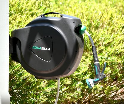 Retractable Garden Hose Reel, 120Ft x 1/2" Durable Wall Mounted Water Hose Reel with 180¡ãSwivel Bracket, 9 Pattern Sprayer, 6Ft leader hose, Smooth Automatic Rewind, Any Length Lock.