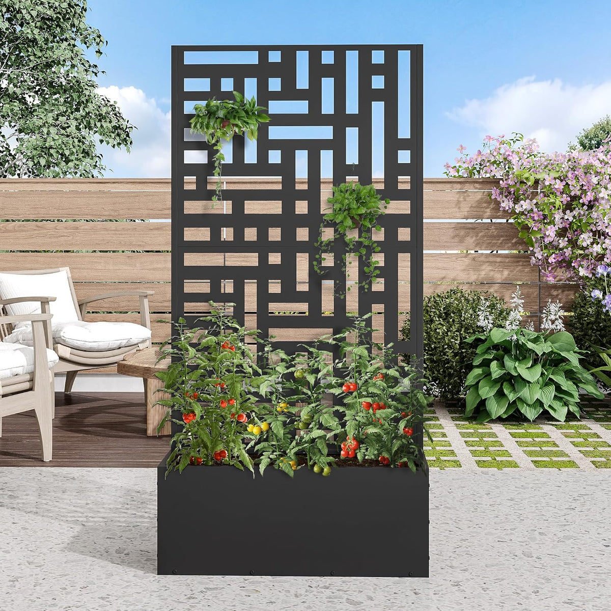 Casaphoria Metal Raised Garden Bed with Trellis and Wheels, 72"x47"x16" Planter Box for Climbing Plants, Vegetables & Vines, Features Drainage Holes and Privacy Screen (Black-Louver) - Colors B