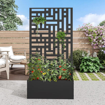 Casaphoria Metal Raised Garden Bed with Trellis and Wheels, 72"x47"x16" Planter Box for Climbing Plants, Vegetables & Vines, Features Drainage Holes and Privacy Screen (Black-Louver) - Colors B