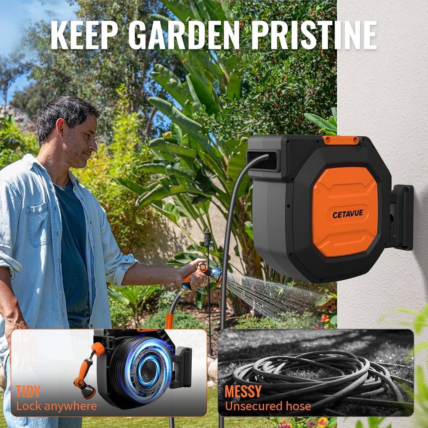 Retractable Garden Hose Reel 5/8 inch x 100 ft,Wall Mounted Heavy Duty Garden Hose Reel with 180°Swivel Bracket,Upgraded 10 Pattern Nozzle/Slow Return System(Black)
