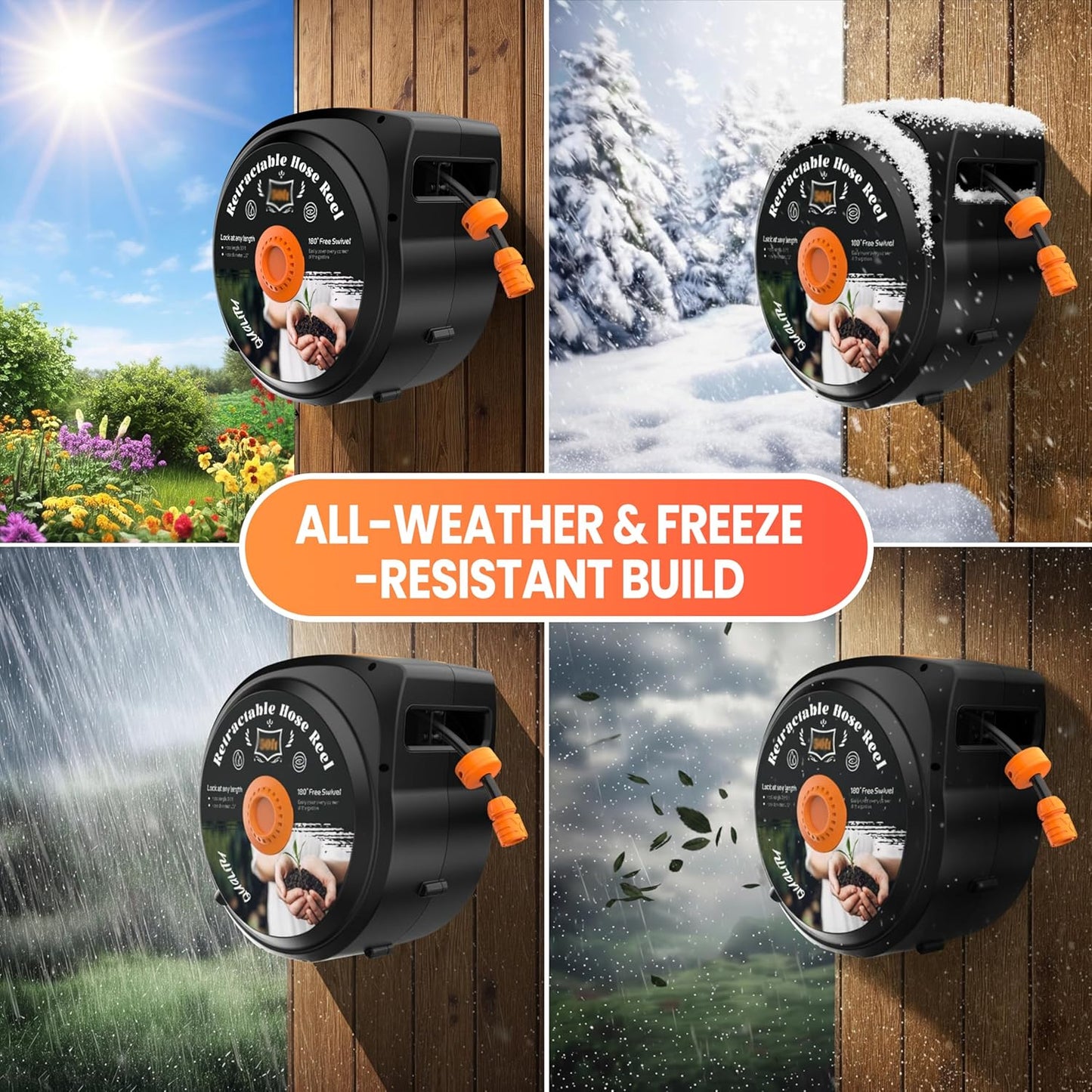 Retractable Garden Hose Reel, 50 ft x 1/2" Wall Mounted 180° Swivel Bracket, Any Length Lock, Slow Return System, 10-Pattern Nozzle for Garden Watering, Car Washing, Patio Cleaning & Outdoor Use