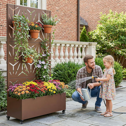 Casaphoria Metal Raised Garden Bed with Trellis and Wheels, 72"x47"x16" Planter Box for Climbing Plants, Vegetables & Vines, Features Drainage Holes and Privacy Screen (Black-Louver) - Colors B