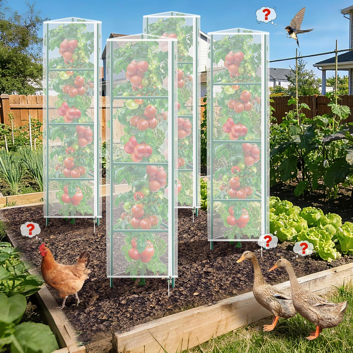 3 Pack Garden Bird Netting Plant Cover for Round Tomato Cage, 61"x13" Insect Bird Barrier Tomato Cage Net with Zipper & Drawstring, Tomato Trellis Netting Protection Cover for Protecting Plants