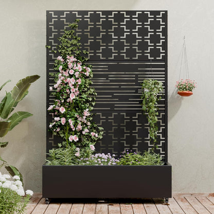 Casaphoria Metal Raised Garden Bed with Trellis and Wheels, 72"x47"x16" Planter Box for Climbing Plants, Vegetables & Vines, Features Drainage Holes and Privacy Screen (Black-Louver) - Colors C