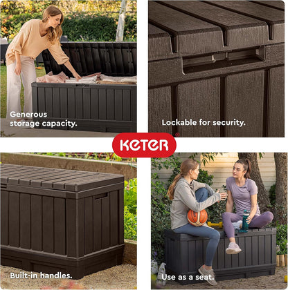 Keter Kentwood 92 Gallon Resin Deck Box-Organization and Storage for Patio Furniture Outdoor Cushions, Throw Pillows, Garden Tools and Pool Floats, Brown
