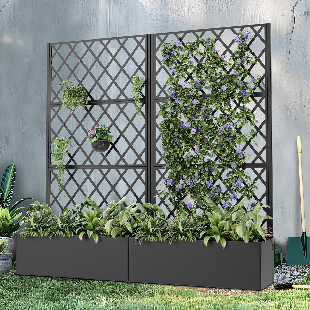 Casaphoria Metal Raised Garden Bed with Trellis and Wheels, 72"x47"x16" Planter Box for Climbing Plants, Vegetables & Vines, Features Drainage Holes and Privacy Screen (Black-Louver) - Colors D