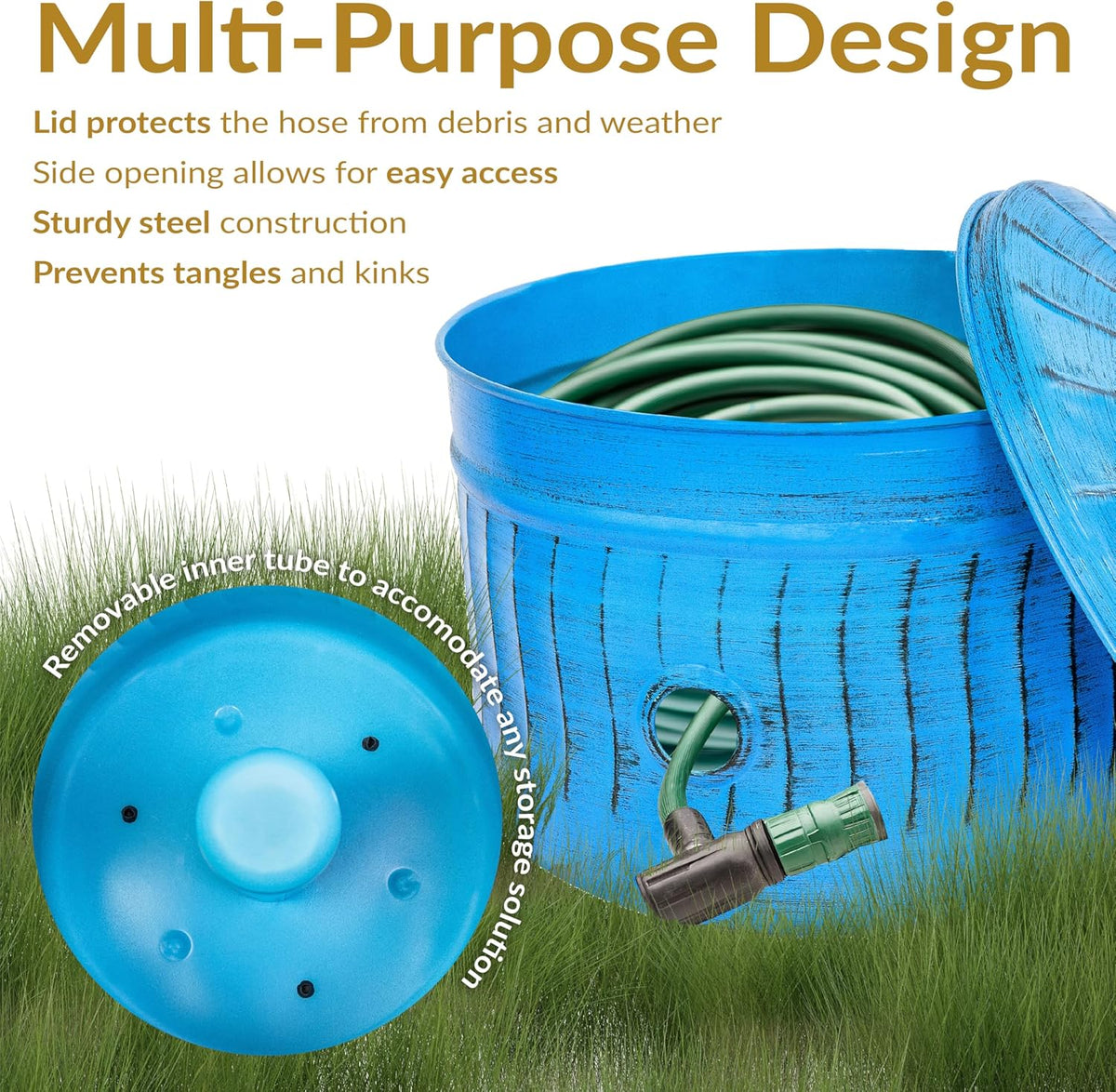 Sunnydaze Metal Garden Hose Pot for Outside with Lid - UV-Resistant 145-Foot Outdoor Hose Holder - Blue Patina Finish