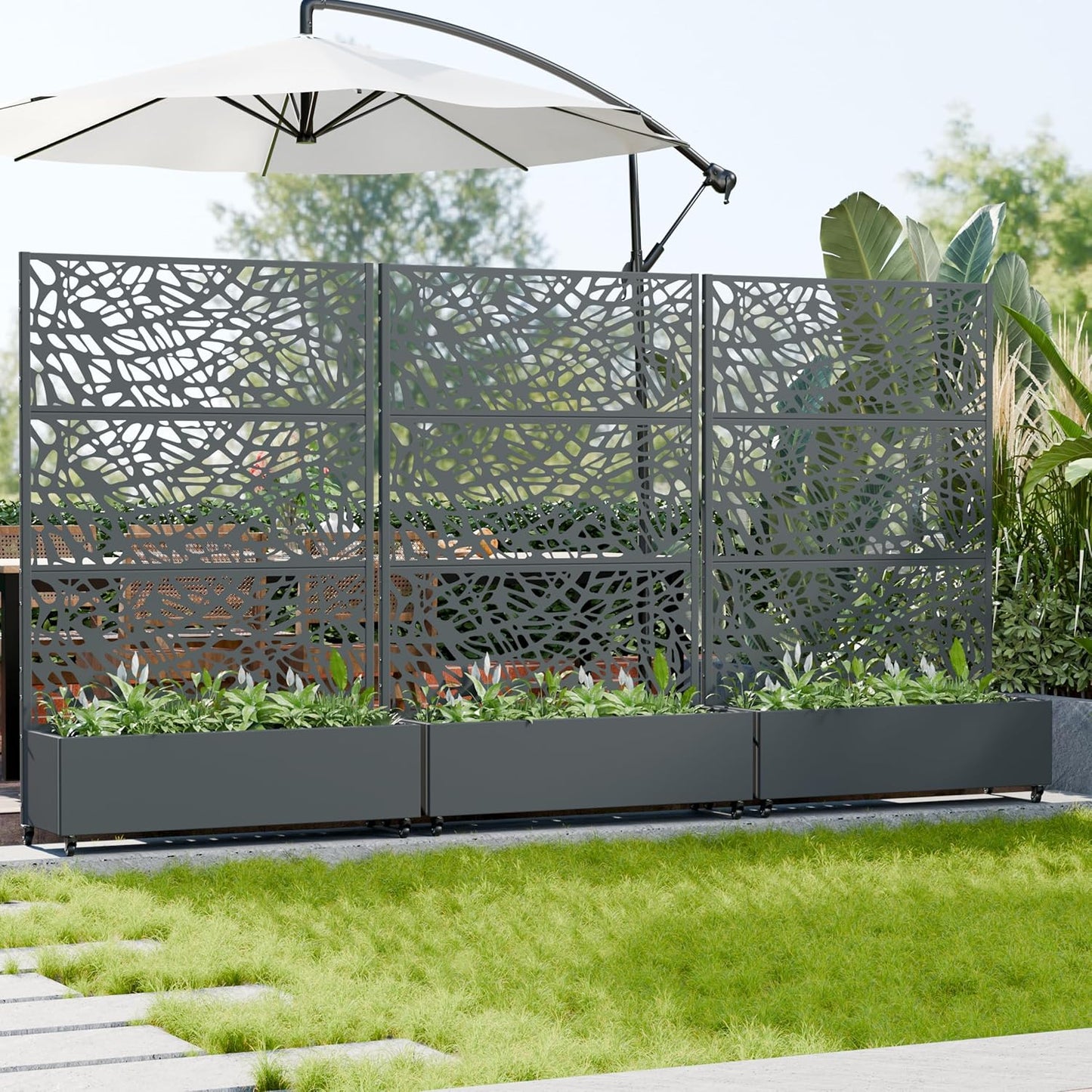 Casaphoria Metal Raised Garden Bed with Trellis and Wheels, 72"x47"x16" Planter Box for Climbing Plants, Vegetables & Vines, Features Drainage Holes and Privacy Screen (Black-Louver) - Colors D