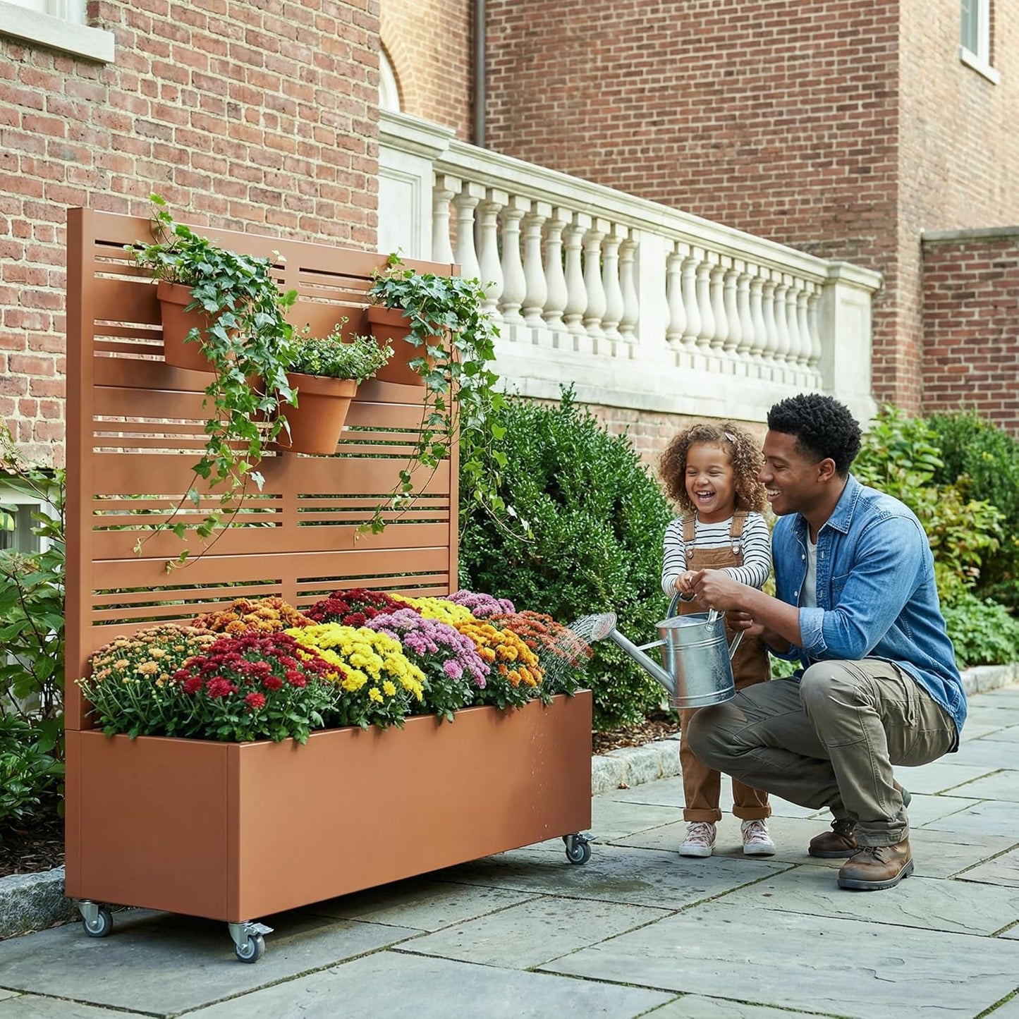 Casaphoria Metal Raised Garden Bed with Trellis and Wheels, 72"x47"x16" Planter Box for Climbing Plants, Vegetables & Vines, Features Drainage Holes and Privacy Screen (Black-Louver) - Colors B