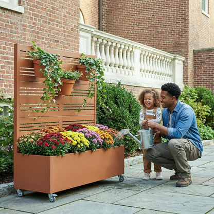 Casaphoria Metal Raised Garden Bed with Trellis and Wheels, 72"x47"x16" Planter Box for Climbing Plants, Vegetables & Vines, Features Drainage Holes and Privacy Screen (Black-Louver) - Colors B