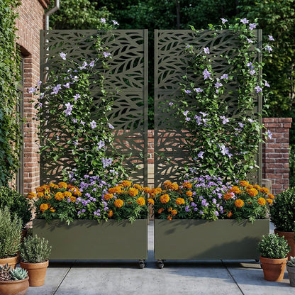 Casaphoria Metal Raised Garden Bed with Trellis and Wheels, 72"x47"x16" Planter Box for Climbing Plants, Vegetables & Vines, Features Drainage Holes and Privacy Screen (Black-Louver) - Colors D