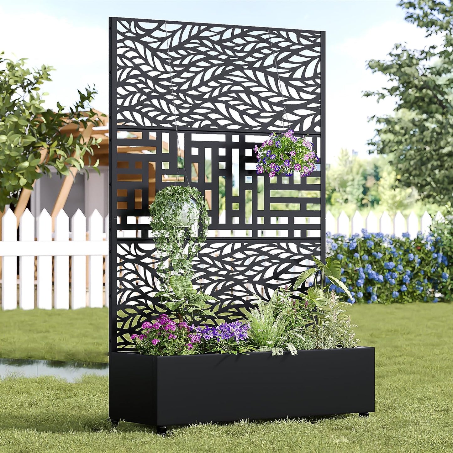 Casaphoria Metal Raised Garden Bed with Trellis and Wheels, 72"x47"x16" Planter Box for Climbing Plants, Vegetables & Vines, Features Drainage Holes and Privacy Screen (Black-Louver) - Colors C