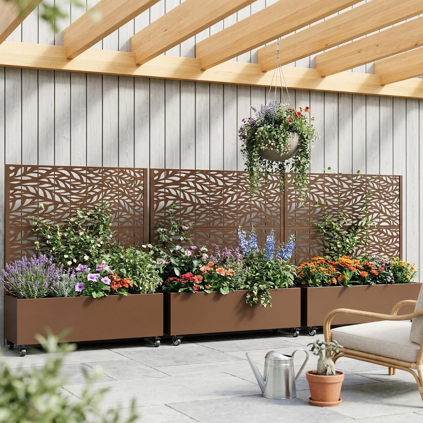 Casaphoria Metal Raised Garden Bed with Trellis and Wheels, 72"x47"x16" Planter Box for Climbing Plants, Vegetables & Vines, Features Drainage Holes and Privacy Screen (Black-Louver) - Colors C