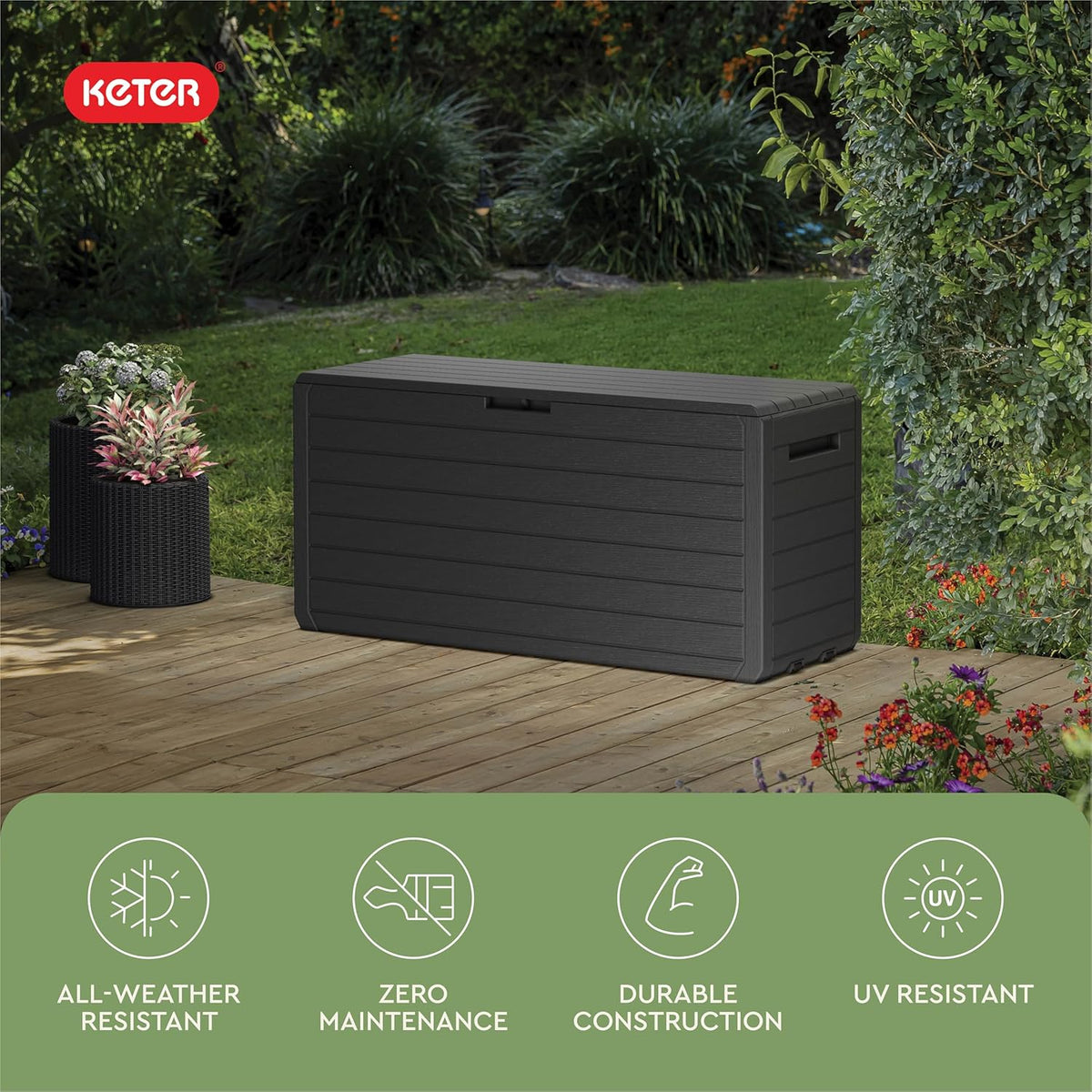 Keter Marvel Plus 71 Gallon Resin Outdoor Storage Box for Patio Furniture Cushions, Throw Pillows, Garden Tools and Pool Floats, Brown