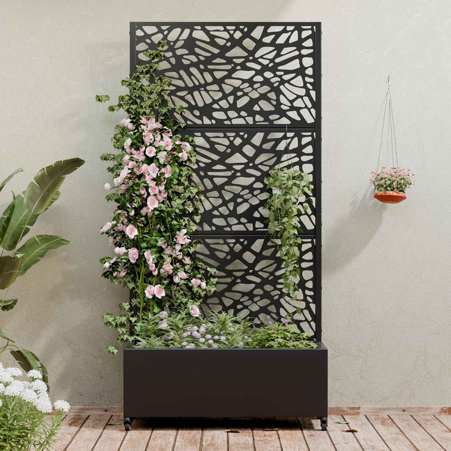 Casaphoria Metal Raised Garden Bed with Trellis and Wheels, 72"x47"x16" Planter Box for Climbing Plants, Vegetables & Vines, Features Drainage Holes and Privacy Screen (Black-Louver) - Colors B