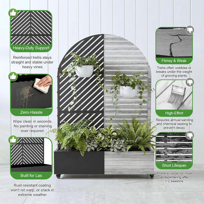 Casaphoria Metal Raised Garden Bed with Trellis and Wheels, 72"x47"x16" Planter Box for Climbing Plants, Vegetables & Vines, Features Drainage Holes and Privacy Screen (Black-Louver) - Colors A