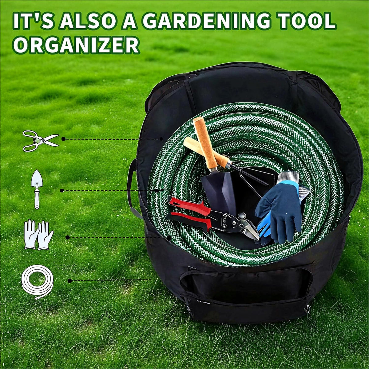 Garden Water Hose Holder Storage Bag Hider, Holds Garden Tools and 150 ft Hose for Indoor,Patio and Warehouse-Black