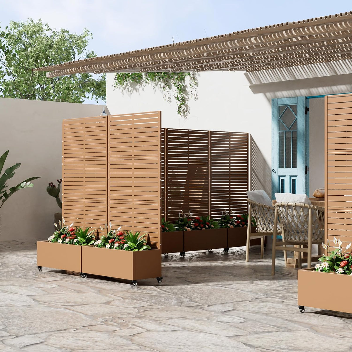 Casaphoria Metal Raised Garden Bed with Trellis and Wheels, 72"x47"x16" Planter Box for Climbing Plants, Vegetables & Vines, Features Drainage Holes and Privacy Screen (Black-Louver) - Colors C