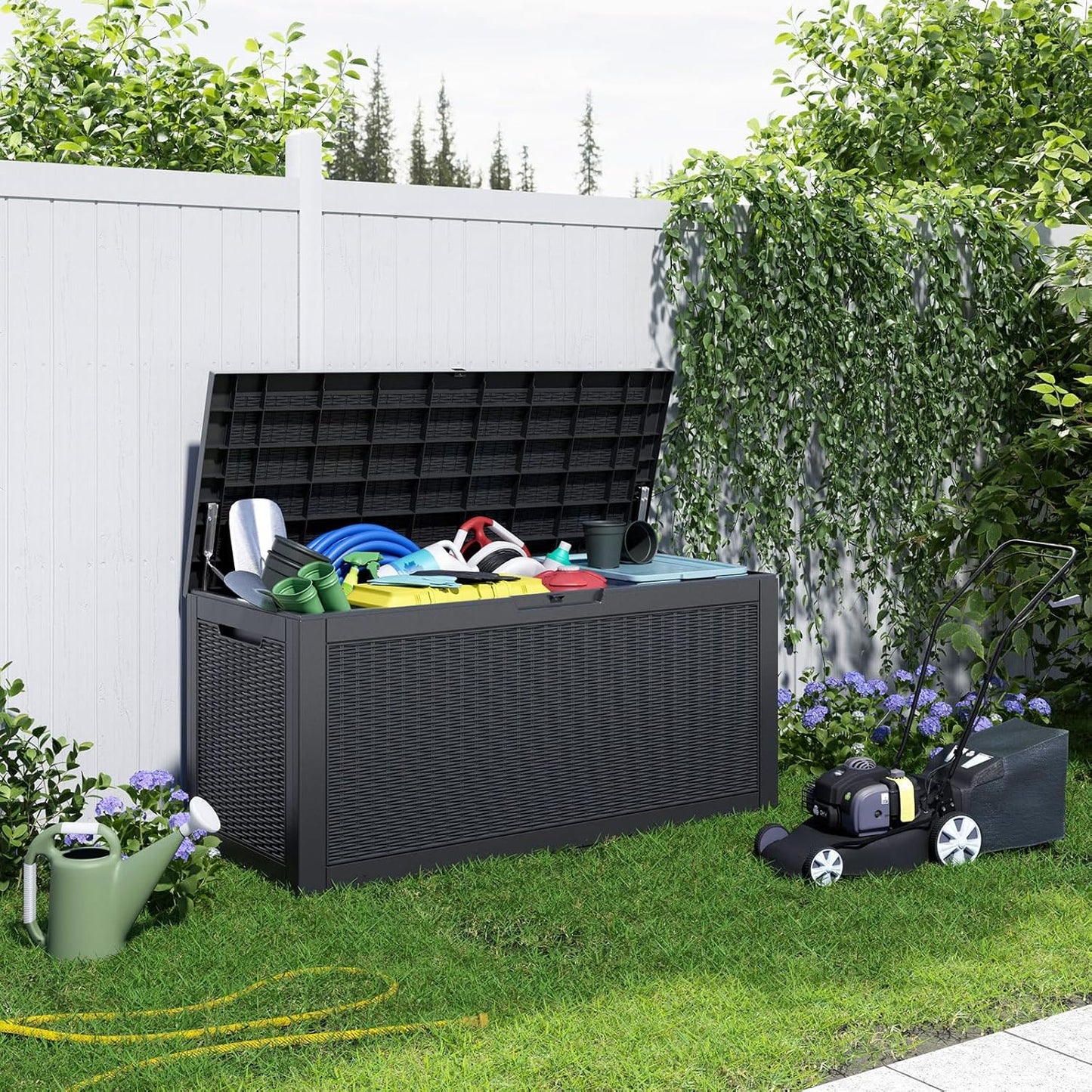 30 Gallon Outdoor Deck Box, Lockable Waterproof Outdoor Storage Boxes For Garden Tools,Indoor Cushions,Accessories Outside Storage Resin Weatherproof Container(Black)