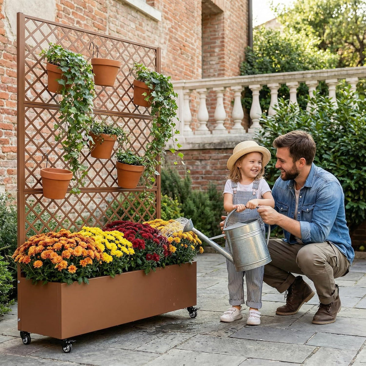 Casaphoria Metal Raised Garden Bed with Trellis and Wheels, 72"x47"x16" Planter Box for Climbing Plants, Vegetables & Vines, Features Drainage Holes and Privacy Screen (Black-Louver) - Colors A