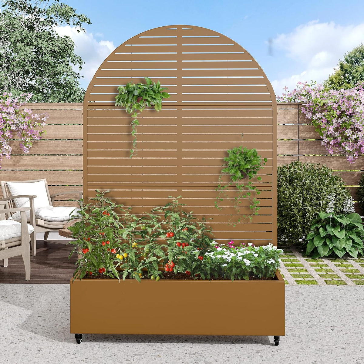 Casaphoria Metal Raised Garden Bed with Trellis and Wheels, 72"x47"x16" Planter Box for Climbing Plants, Vegetables & Vines, Features Drainage Holes and Privacy Screen (Black-Louver) - Colors D