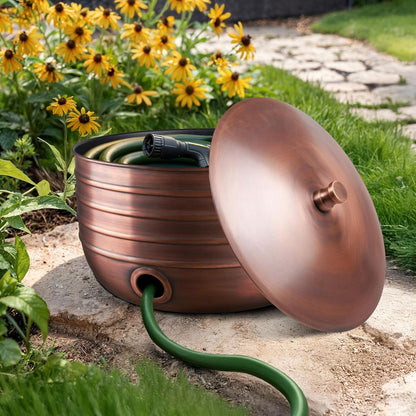 Monarch Abode Garden Hose Holder with Lid – Decorative Water Hose Holders for Outside, Border Embossed Metal Patina Pot with Drainage, 100ft Waterhose Holder for Outside, Garden Storage Caddy