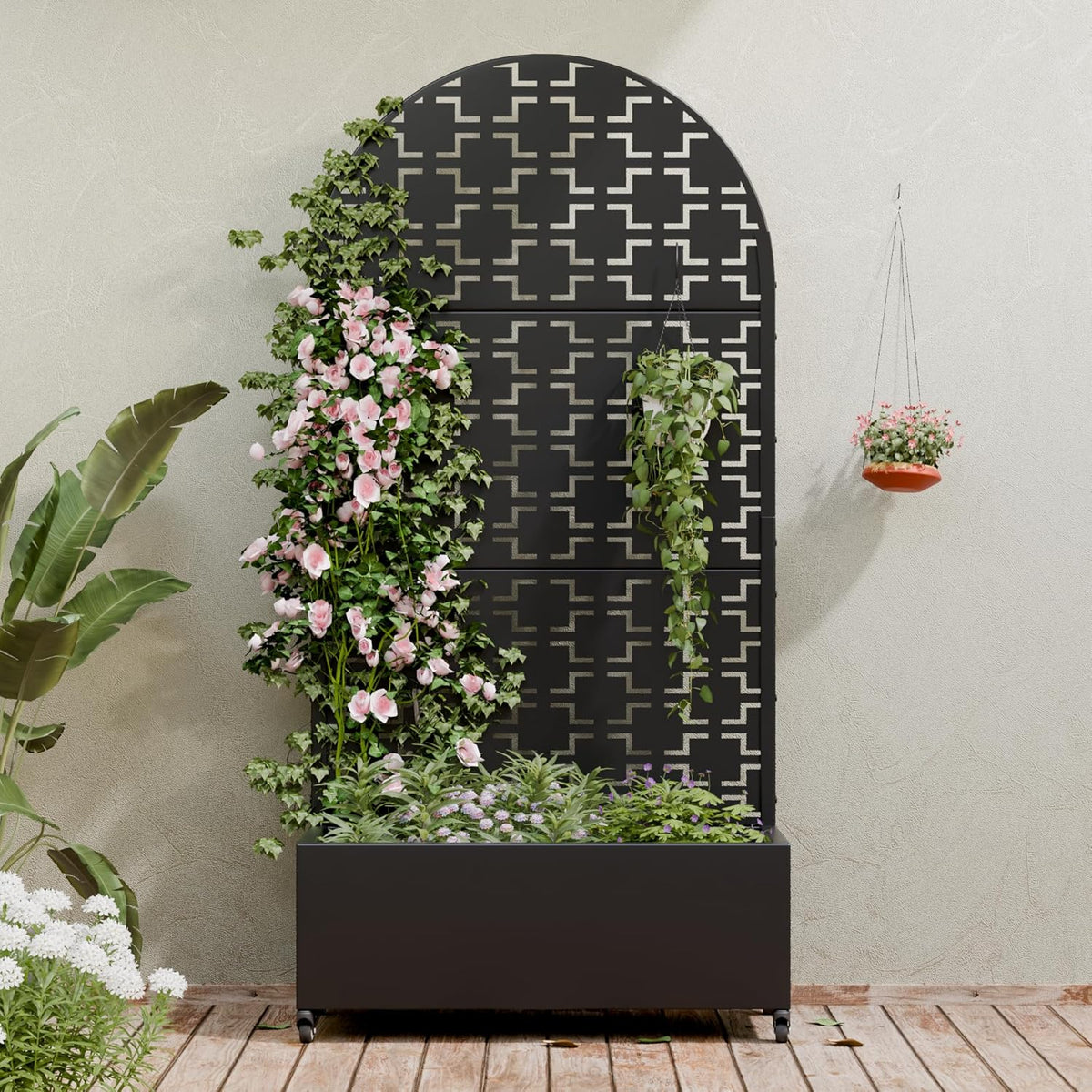 Casaphoria Metal Raised Garden Bed with Trellis and Wheels, 72"x47"x16" Planter Box for Climbing Plants, Vegetables & Vines, Features Drainage Holes and Privacy Screen (Black-Louver) - Colors D