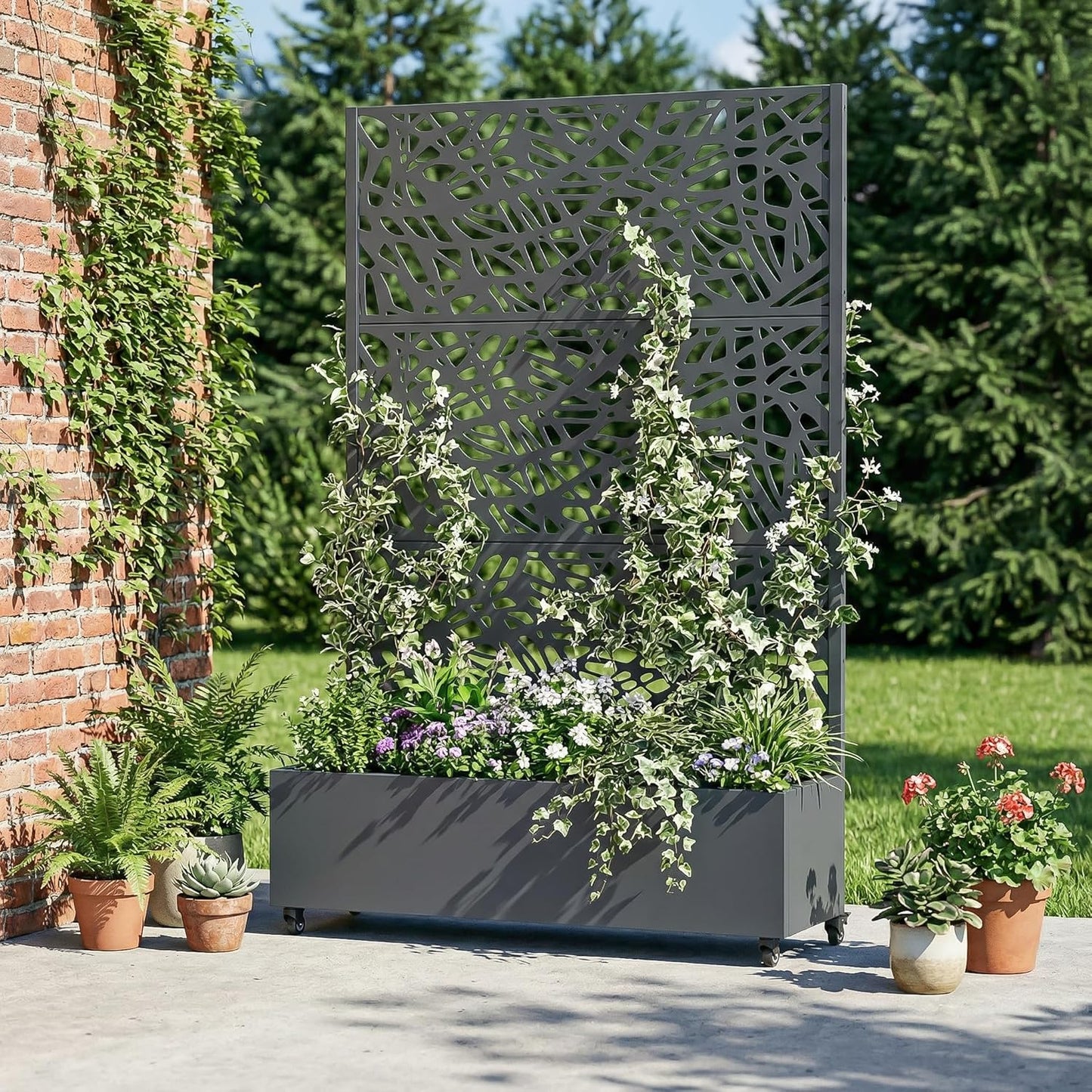 Casaphoria Metal Raised Garden Bed with Trellis and Wheels, 72"x47"x16" Planter Box for Climbing Plants, Vegetables & Vines, Features Drainage Holes and Privacy Screen (Black-Louver) - Colors D