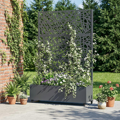 Casaphoria Metal Raised Garden Bed with Trellis and Wheels, 72"x47"x16" Planter Box for Climbing Plants, Vegetables & Vines, Features Drainage Holes and Privacy Screen (Black-Louver) - Colors D