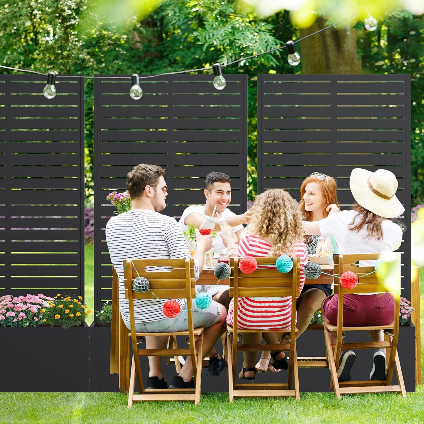 Casaphoria Metal Raised Garden Bed with Trellis and Wheels, 72"x47"x16" Planter Box for Climbing Plants, Vegetables & Vines, Features Drainage Holes and Privacy Screen (Black-Louver) - Colors D