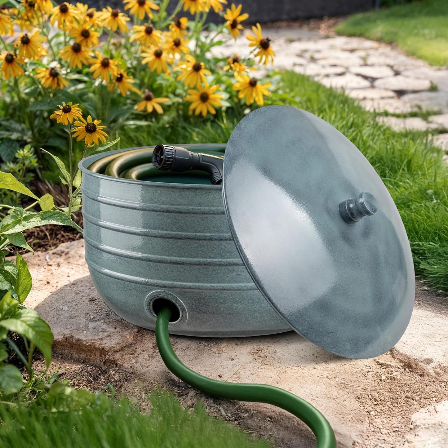 Monarch Abode Garden Hose Holder with Lid – Decorative Water Hose Holders for Outside, Border Embossed Metal Patina Pot with Drainage, 100ft Waterhose Holder for Outside, Garden Storage Caddy