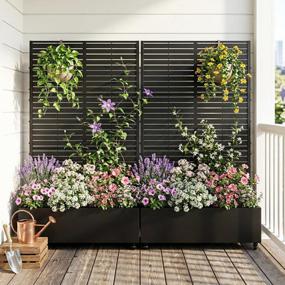 Casaphoria Metal Raised Garden Bed with Trellis and Wheels, 72"x47"x16" Planter Box for Climbing Plants, Vegetables & Vines, Features Drainage Holes and Privacy Screen (Black-Louver) - Colors C