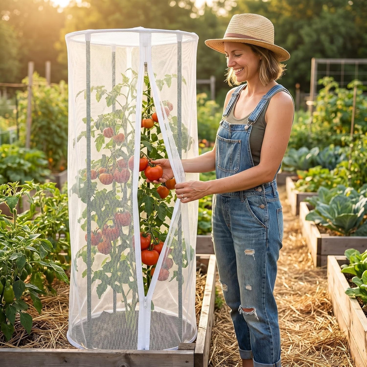 2 Pcs Garden Bird Netting Cover for Round Tomato Cage, 59" x 18" Tomato Trellis Insect Barrier Protection Mesh, Plant Cage Garden Net Cover with Zipper for Vertical Climbing Plants Vegetables Fruits