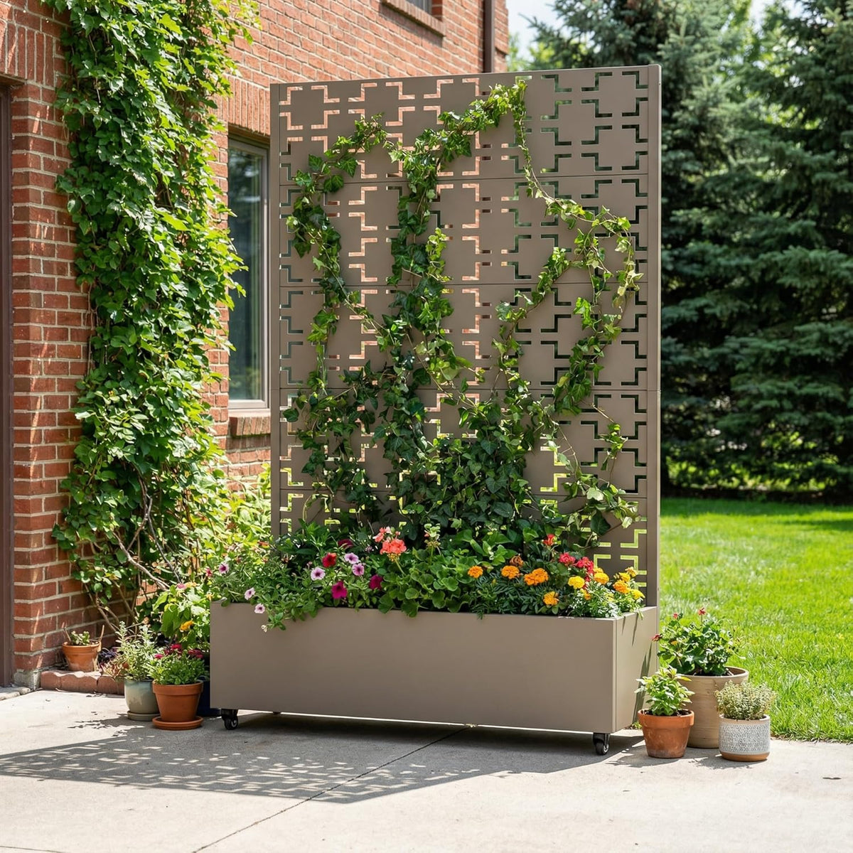 Casaphoria Metal Raised Garden Bed with Trellis and Wheels, 72"x47"x16" Planter Box for Climbing Plants, Vegetables & Vines, Features Drainage Holes and Privacy Screen (Black-Louver) - Colors C