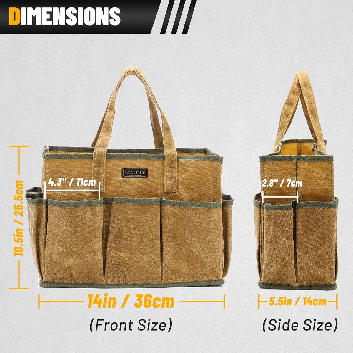 Tool Tote Bag, Heavy Duty 16oz Waxed Canvas Garden Tool Bag | Portable 11-Pocket Tool Storage Bag for Gardener Electrician Contractor Repairman (14"L x 5.5"W x 10.5"H) – Army Green