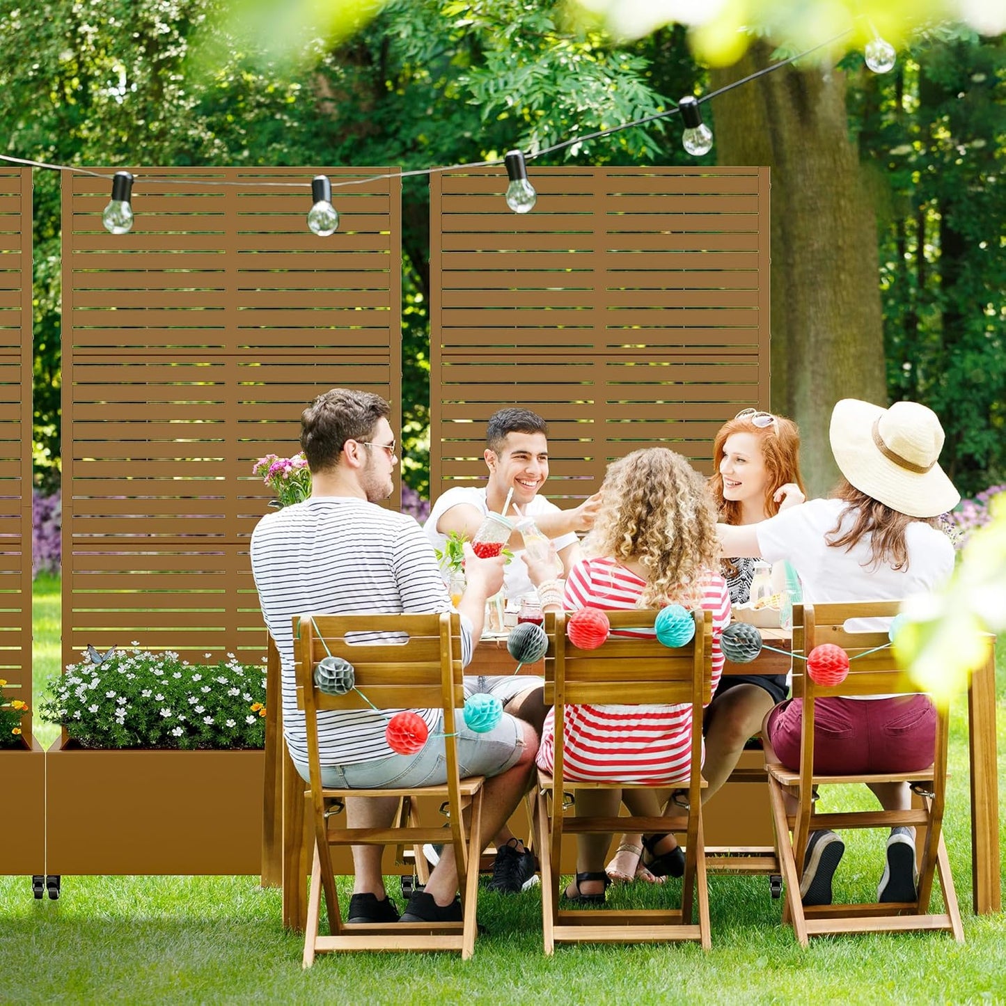 Casaphoria Metal Raised Garden Bed with Trellis and Wheels, 72"x47"x16" Planter Box for Climbing Plants, Vegetables & Vines, Features Drainage Holes and Privacy Screen (Black-Louver) - Colors C