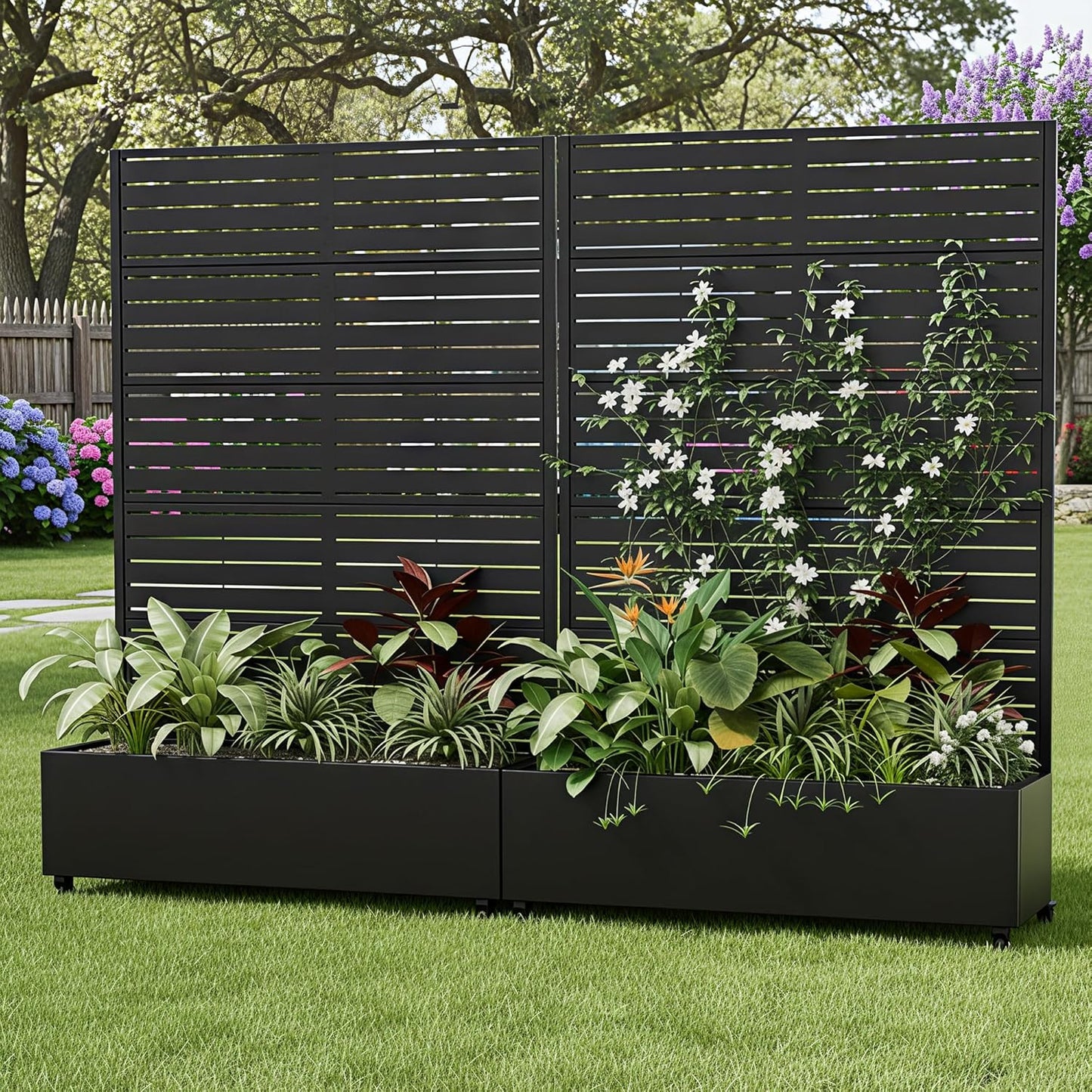 Casaphoria Metal Raised Garden Bed with Trellis and Wheels, 72"x47"x16" Planter Box for Climbing Plants, Vegetables & Vines, Features Drainage Holes and Privacy Screen (Black-Louver) - Colors B
