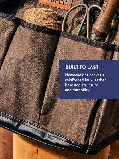 Burpee Waxed Canvas Garden Tool Tote | Heavy-Duty Tote Bag Storage Organizer for Gardening Tools | Great Gift for Gardeners | Canvas Tote Bag Caddy 8 Exterior Pockets for Tool Storage, 12" H x 14.5" W
