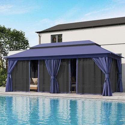 10x20 Gazebo Canopy with 100FT String Lights, Metal Heavy Duty Patio Canopy Tent with Double Roofs, Mosquito Nettings and Privacy Screens for Backyard, Garden, Lawn, Gray