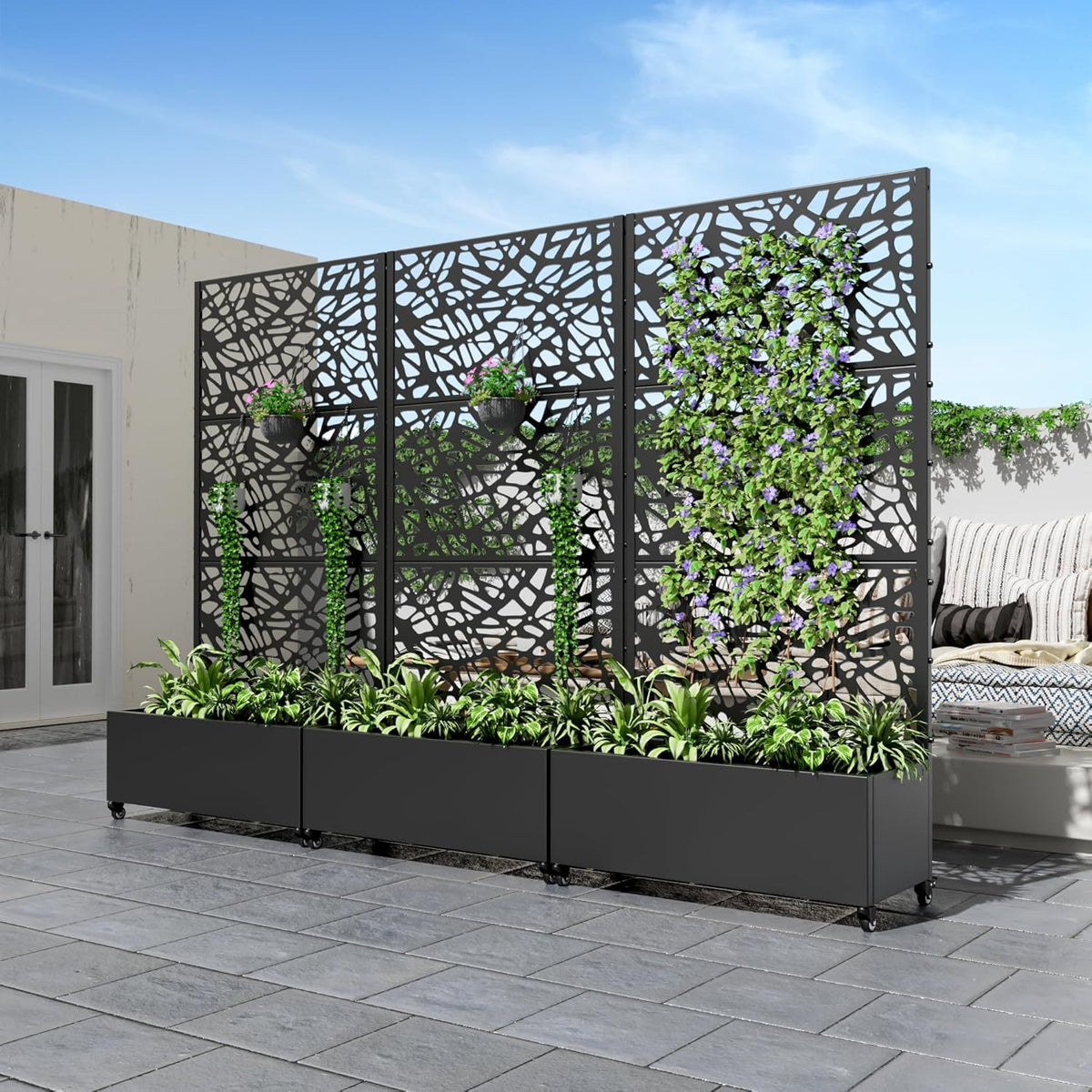 Casaphoria Metal Raised Garden Bed with Trellis and Wheels, 72"x47"x16" Planter Box for Climbing Plants, Vegetables & Vines, Features Drainage Holes and Privacy Screen (Black-Louver) - Colors B