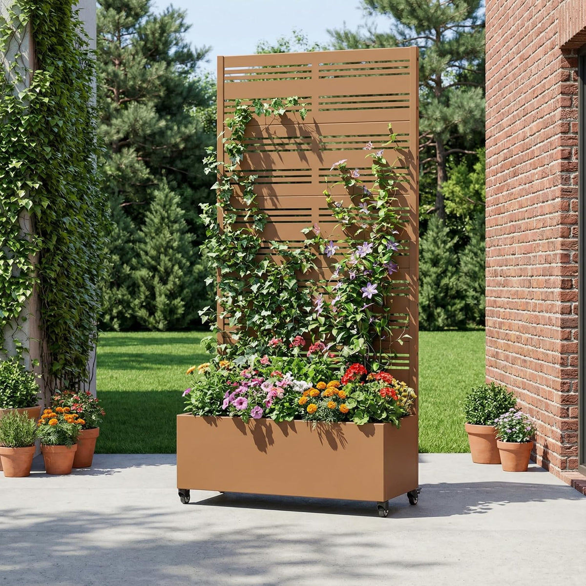 Casaphoria Metal Raised Garden Bed with Trellis and Wheels, 72"x47"x16" Planter Box for Climbing Plants, Vegetables & Vines, Features Drainage Holes and Privacy Screen (Black-Louver) - Colors B