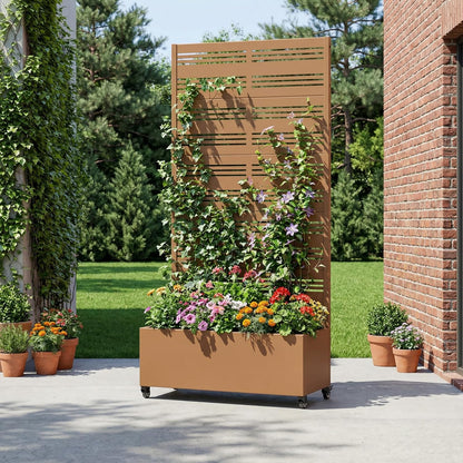 Casaphoria Metal Raised Garden Bed with Trellis and Wheels, 72"x47"x16" Planter Box for Climbing Plants, Vegetables & Vines, Features Drainage Holes and Privacy Screen (Black-Louver) - Colors B