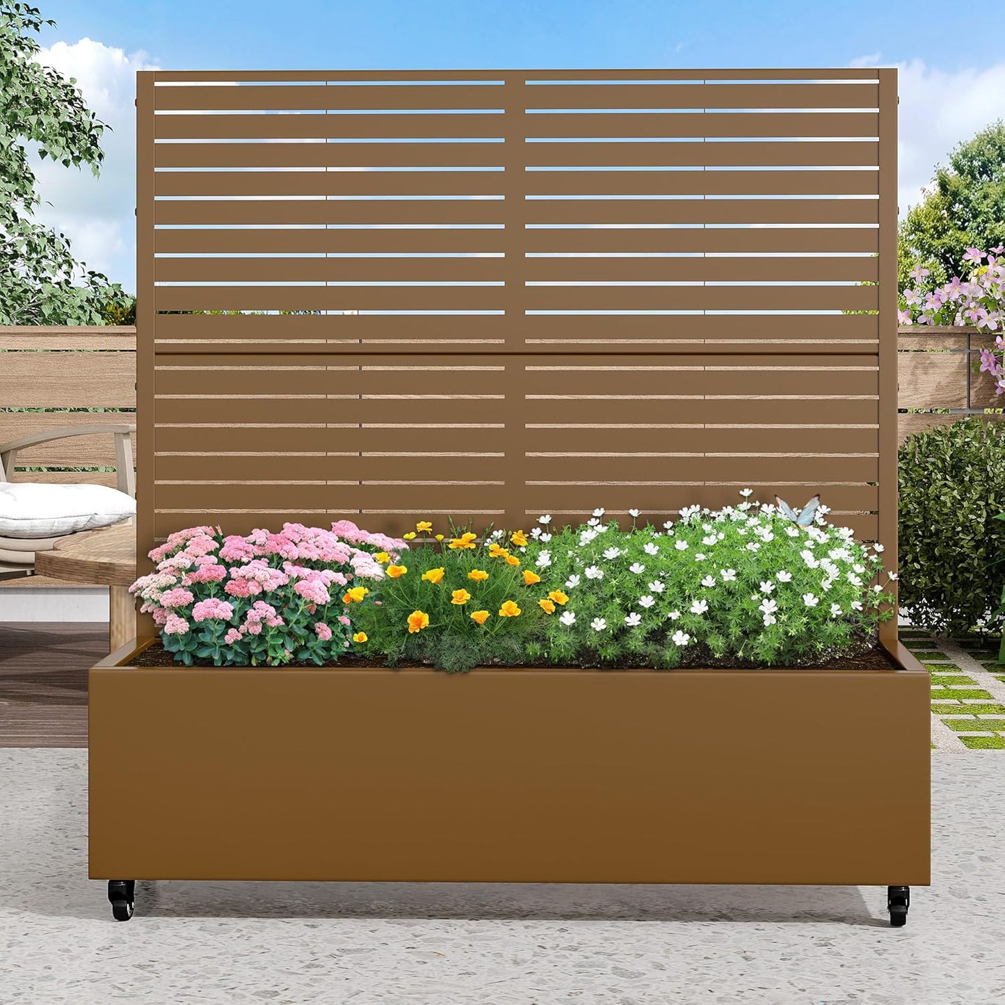 Casaphoria Metal Raised Garden Bed with Trellis and Wheels, 72"x47"x16" Planter Box for Climbing Plants, Vegetables & Vines, Features Drainage Holes and Privacy Screen (Black-Louver) - Colors C